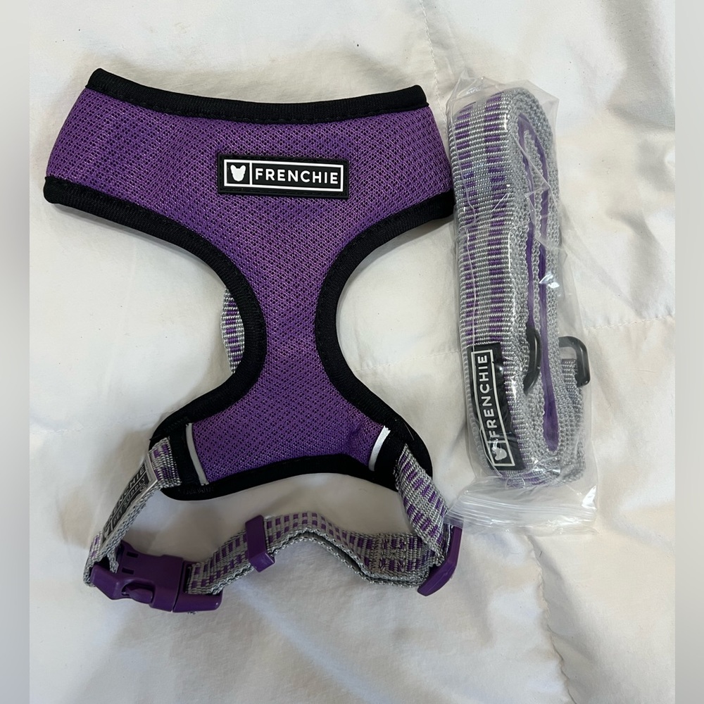 Size S - Purple Frenchie Bulldog harness & leash. No tags new & never used.